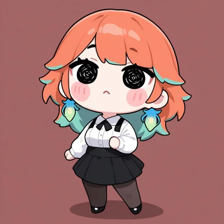 (1girl, masterpiece, perfect quality, best quality, absolutely eye-catching, absurdres), highres, newest, takanashi kiara, chibi, full body, blush stickers, black eyes