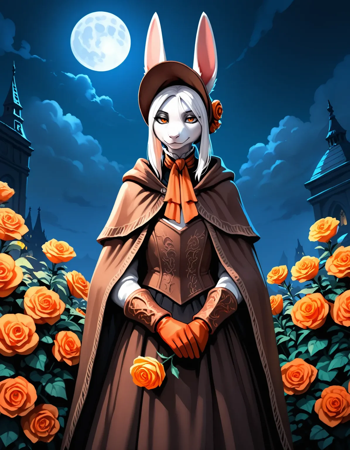 newest, masterpiece, best quality, beautiful lighting, very aesthetic, mixed media, detailed background, very awa, perfect composition, BREAK,
solo, 1girl, freyac, female, white fur, orange eyes, white hair, tail, brown bonnet, brown cloak, brown skirt, bodice, orange neckerchief, orange gloves, bloodborne, orange roses, holding flower, flower garden, victorian, gothic, looking at viewer, white ears, light smile, ears, BREAK, cowboy shot, flat chest, standing, bored, eyes half closed, relaxed, long skirt, three-quarter_view, night, moon, detailed background, clouds, detailed,
<lora:Freya v11bNoob9s96:0.8> <lora:noobai_ep11_stabilizer_v0.138_fp16:0.8>