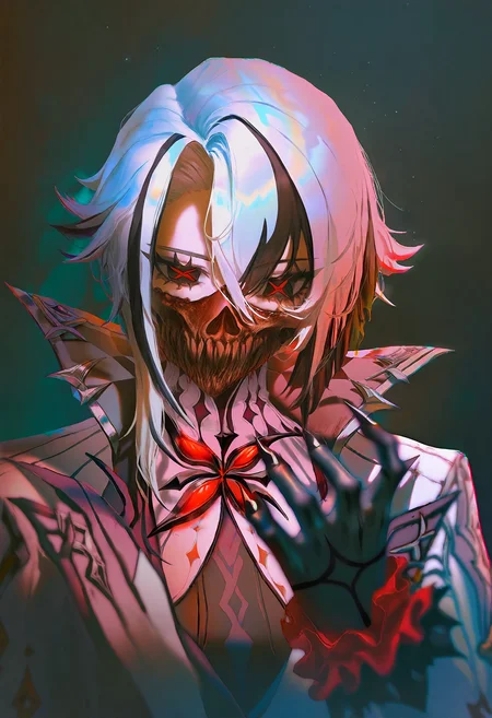 masterpiece, best quality,artist:john_kafka,artist:nixeu,artist:quasarcake, chromatic aberration, film grain, horror \(theme\), limited palette, x-shaped pupils, high contrast, color contrast, cold colors, arlecchino \(genshin impact\), black theme,  gritty, graphite \(medium\), black hands