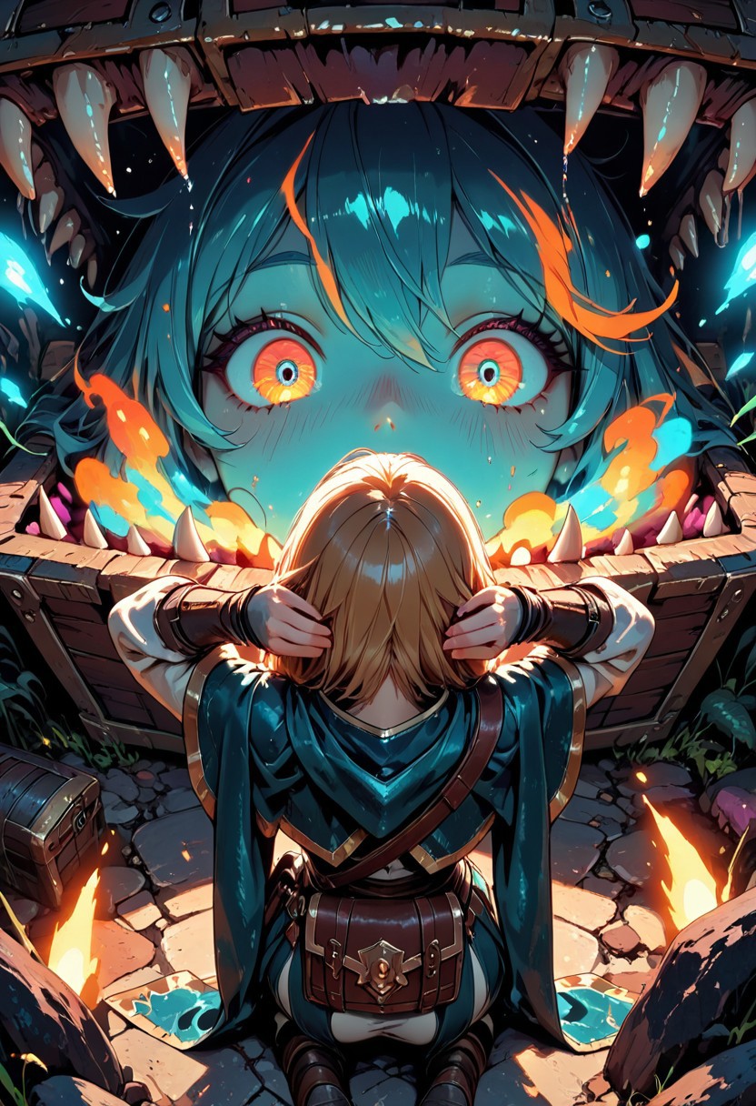 (masterpiece), (best quality), 8k, 1girl, fantasy adventurer girl, Surprised, open mouth, cute treasure chest, cute Mimic, hands behind head, Cute Mimic chest, Kneeling down, opening chest, whimsical dungeon interior, glowing magical torches, scattered loot around, soft warm lighting, stylized fantasy armor, leather satchel, short cloak, colorful atmosphere, playful fantasy mood, cinematic lighting, semi-realistic style, detailed environment, magical sparkles in the air,
Close up, From behind, from above,