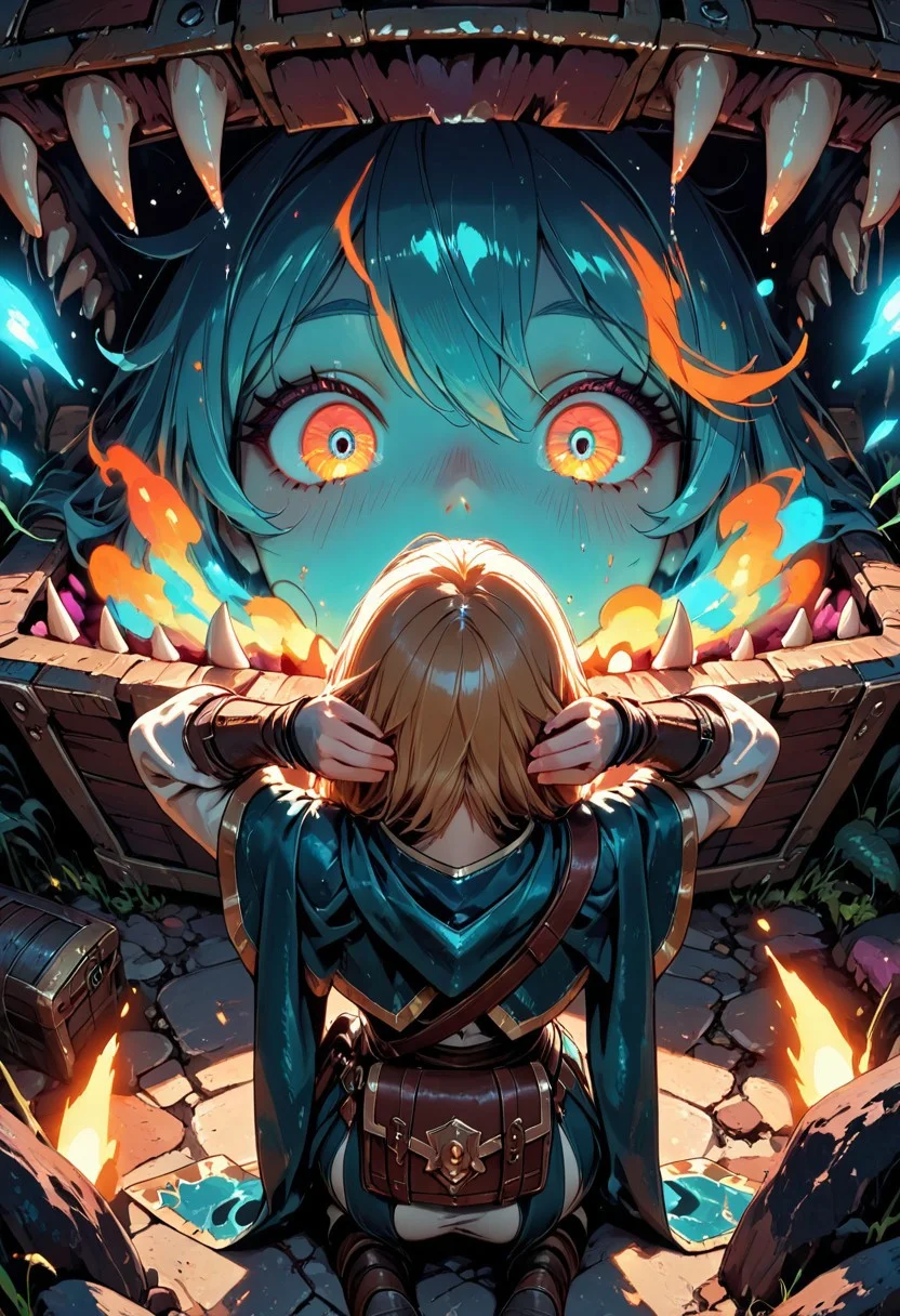 (masterpiece), (best quality), 8k, 1girl, fantasy adventurer girl, Surprised, open mouth, cute treasure chest, cute Mimic, hands behind head, Cute Mimic chest, Kneeling down, opening chest, whimsical dungeon interior, glowing magical torches, scattered loot around, soft warm lighting, stylized fantasy armor, leather satchel, short cloak, colorful atmosphere, playful fantasy mood, cinematic lighting, semi-realistic style, detailed environment, magical sparkles in the air,
Close up, From behind, from above,
