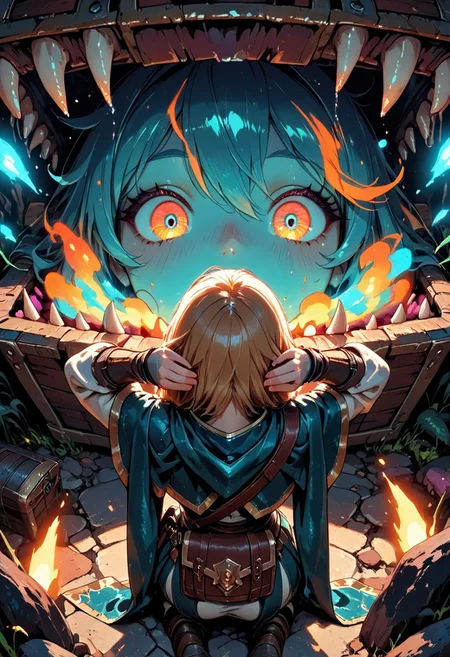 (masterpiece), (best quality), 8k, 1girl, fantasy adventurer girl, Surprised, open mouth, cute treasure chest, cute Mimic, hands behind head, Cute Mimic chest, Kneeling down, opening chest, whimsical dungeon interior, glowing magical torches, scattered loot around, soft warm lighting, stylized fantasy armor, leather satchel, short cloak, colorful atmosphere, playful fantasy mood, cinematic lighting, semi-realistic style, detailed environment, magical sparkles in the air,
Close up, From behind, from above,