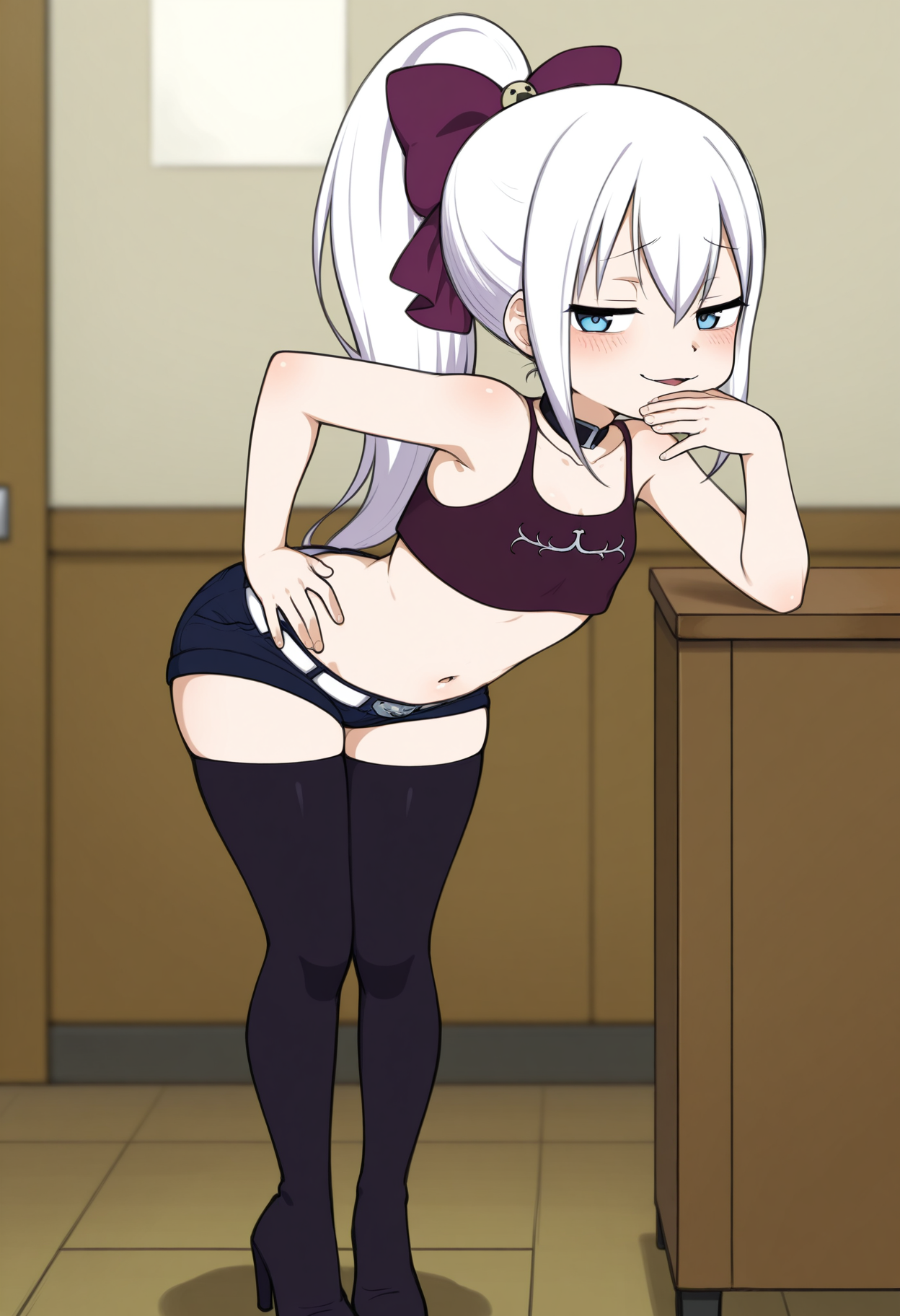 masterpiece,best quality,amazing quality,very aesthetic, absurdres, highres, newest, anime screencap, anime coloring,
BREAK
<lora:mira_mayo_adaf_illustrious:0.8>, mira_mayo, blue eyes, white hair, ponytail, hair bow, choker, crop top, micro shorts, thighhighs, high heels,
BREAK
solo, standing,
looking at viewer, hand on face, mira smug face, smug,