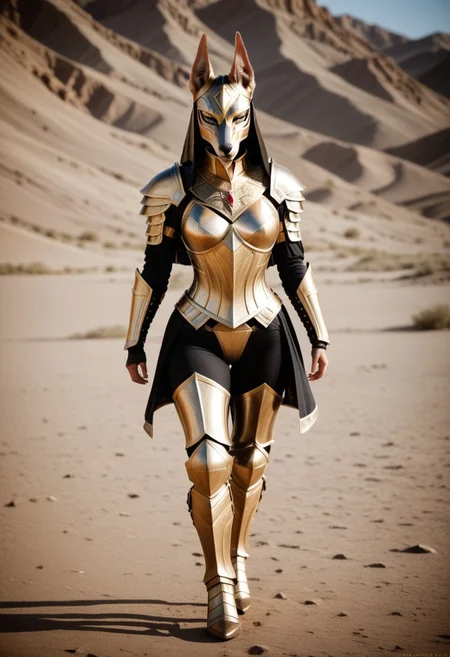The armored Queen of jackals, female jackal, 18 years old, fur armor with diamond filigree, zoomed out:.10, raw, masterpiece, extremely detailed photo, extreme ultra best picture, extreme ultra intricate creative detail, extreme hyper realistic detail, extreme ultra hyper photo realism, extreme ultra-hyper immersive visuals, extreme 3D realistic, ultra 4080p, HD, VFX, SFX, FKAA, TXAA, RTX, SSAO, full portrait,
