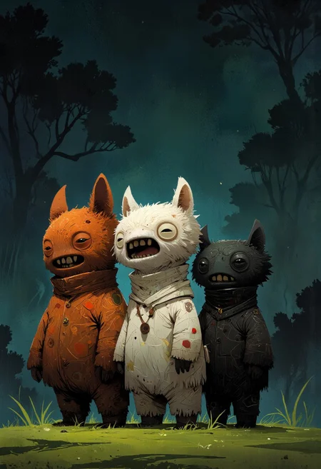 fugglers, A medium-close-up view of three different colored alpacas standing in a grassy field. They have longer hair and look very fluffy. The alpaca on the left is facing the camera, while the other two are facing the right. They are all facing the same direction, and their bodies are slightly angled to the left. The back of the alpaca is slightly angled towards the left side of the image, and the front of the one on the right is facing towards the right side. Midnight, dark horror background, CreeepyCuteMagic, ppstorybook
