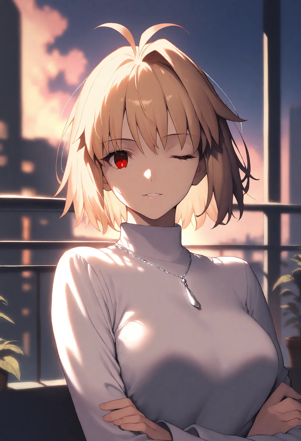 1girl, solo, arcueid brunestud, tsukihime, white turtleneck sweater, silver necklace, thin lips, crossed arms, one eye closed, looking at viewer, upper body, balcony, potted plant, sidelighting, twilight, city, sky, masterpiece, best quality, very aesthetic
