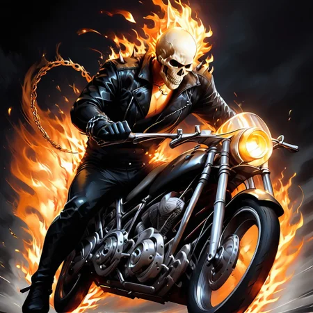Zpdxl3, Score_7_up, score_8_up, upper body, solo male, detailed, cinematic, action scene,OverallDetail, detailed, motion blur, 
BREAK,
GhostRider, skull head, on fire, leather jacket, chain, motorcycle, riding motorbike, flaming wheels, pectoral cleavage, made of fire, leather pants, flames in background, emphasis lines, motion blur background,