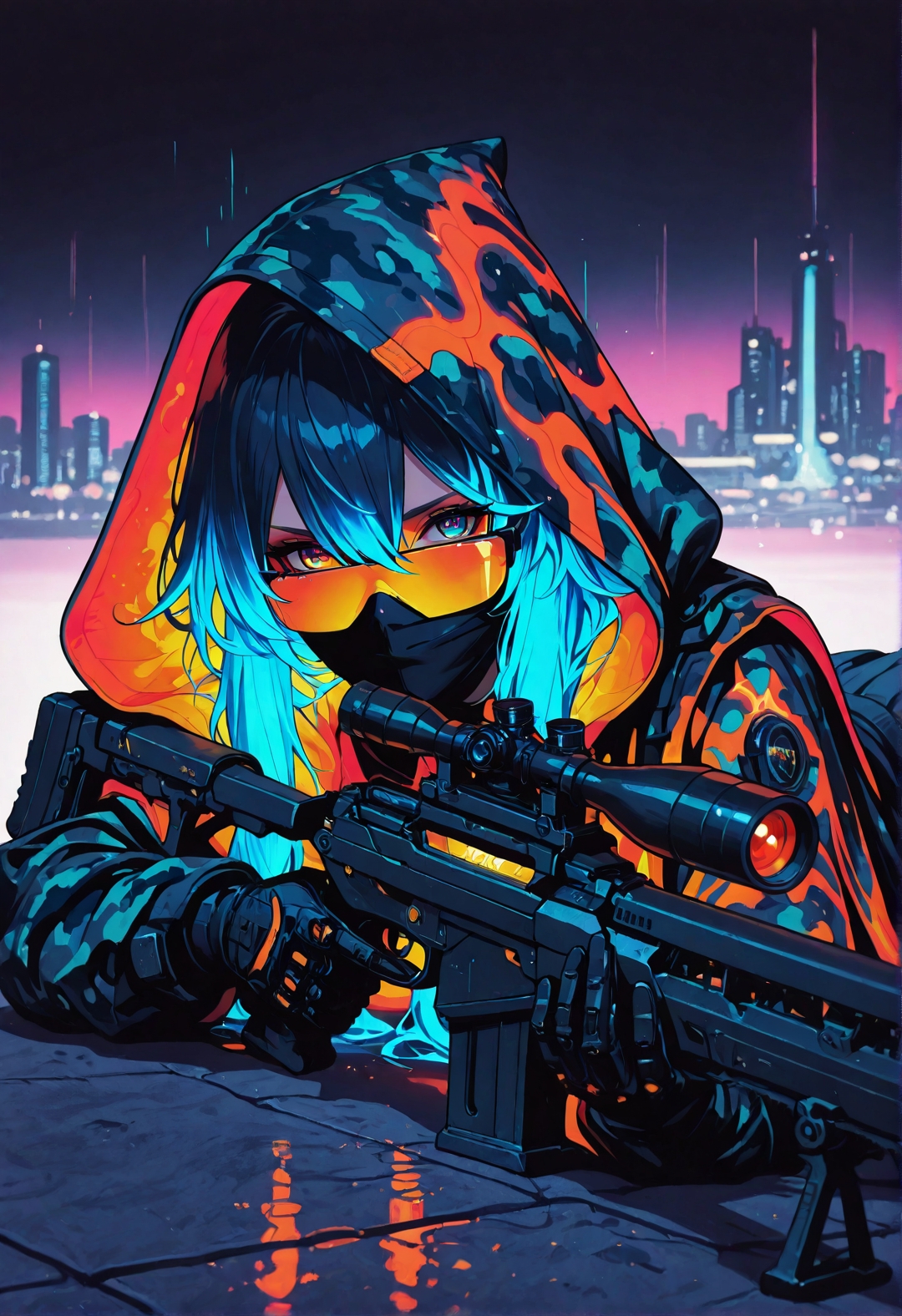 <lora:ck-shadow-circuit-IL:0.78>,
masterpiece, best quality, good quality, very aesthetic, absurdres, newest, 8K, depth of field, focused subject,
frm side, 1girl, lying on rooftop, lying on stomach, hair between eyes, camouflage glowing hair, long hair, black and neon shades, trigger discipline, sniper rifle,
dramatic lighting, partially illuminated, hood up, intricate design, covered mouth, covered nose, multicolored eyes, orange eyes, blue eyes, gradient eye color, neon cloak, neon hood,
fusing hyper-realism with stylized exaggeration, intense, glowing saturation, wind effect, motion lines, fractal shaped building, in the style of cknc, in the style of ck-rw
<lora:MoriiMee_Gothic_Niji_Style_Illustrious_r1:0.45>
<lora:ck-neon-retrowave-IL:0.7>
 <lora:ck-nc-cyberpunk-IL-000011:0.3>