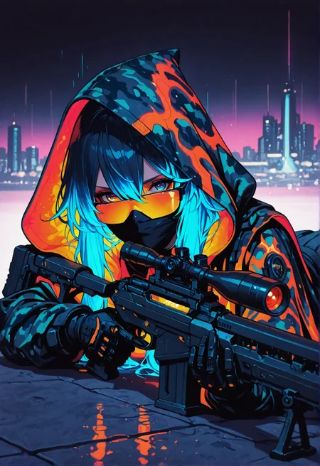 <lora:ck-shadow-circuit-IL:0.78>,
masterpiece, best quality, good quality, very aesthetic, absurdres, newest, 8K, depth of field, focused subject,
frm side, 1girl, lying on rooftop, lying on stomach, hair between eyes, camouflage glowing hair, long hair, black and neon shades, trigger discipline, sniper rifle,
dramatic lighting, partially illuminated, hood up, intricate design, covered mouth, covered nose, multicolored eyes, orange eyes, blue eyes, gradient eye color, neon cloak, neon hood,
fusing hyper-realism with stylized exaggeration, intense, glowing saturation, wind effect, motion lines, fractal shaped building, in the style of cknc, in the style of ck-rw
<lora:MoriiMee_Gothic_Niji_Style_Illustrious_r1:0.45>
<lora:ck-neon-retrowave-IL:0.7>
 <lora:ck-nc-cyberpunk-IL-000011:0.3>