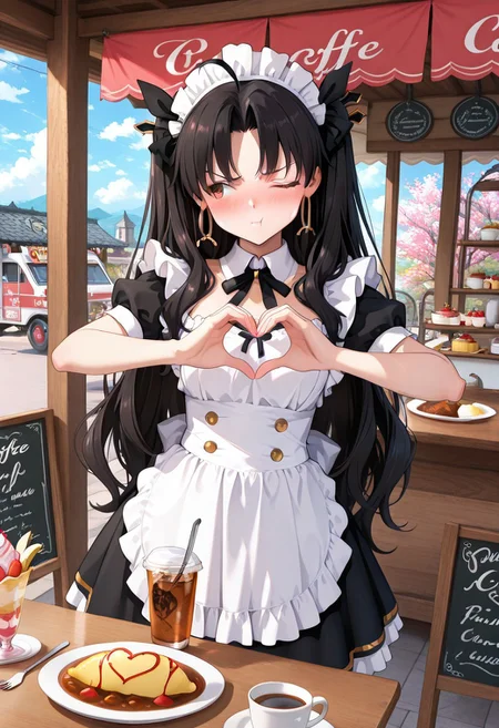 (masterpiece),best quality,amazing quality,very aesthetic,absurdres,newest,perfect body,perfect eyes,detail, well-defined fingers,well-defined fingernails,(uncensored), (negative_v2 Color_Balance_Calibration:0.8), (ishtar, black hair, long hair), detailed background, Enchanting Eyes, ((1girl, solo)), parted bangs,two side up,very long hair, ahoge,red eyes, hoop earrings, maid headress, maid dress, maid-cafe-maind, heart hands, one eye closed, forced, cute face, perfect face, upset, looking to the side, tsundere, pout, blush, embarrassed, cafe, omurice, iced tea, table, fork, spoon, banana parfait, standing, dynamic angle, puffing cheeks, coffee, cup, behind table, cozy, curry, plates, food cart, cakes, perfect light, large windows, sakura petals, sakura trees, colorful clouds,