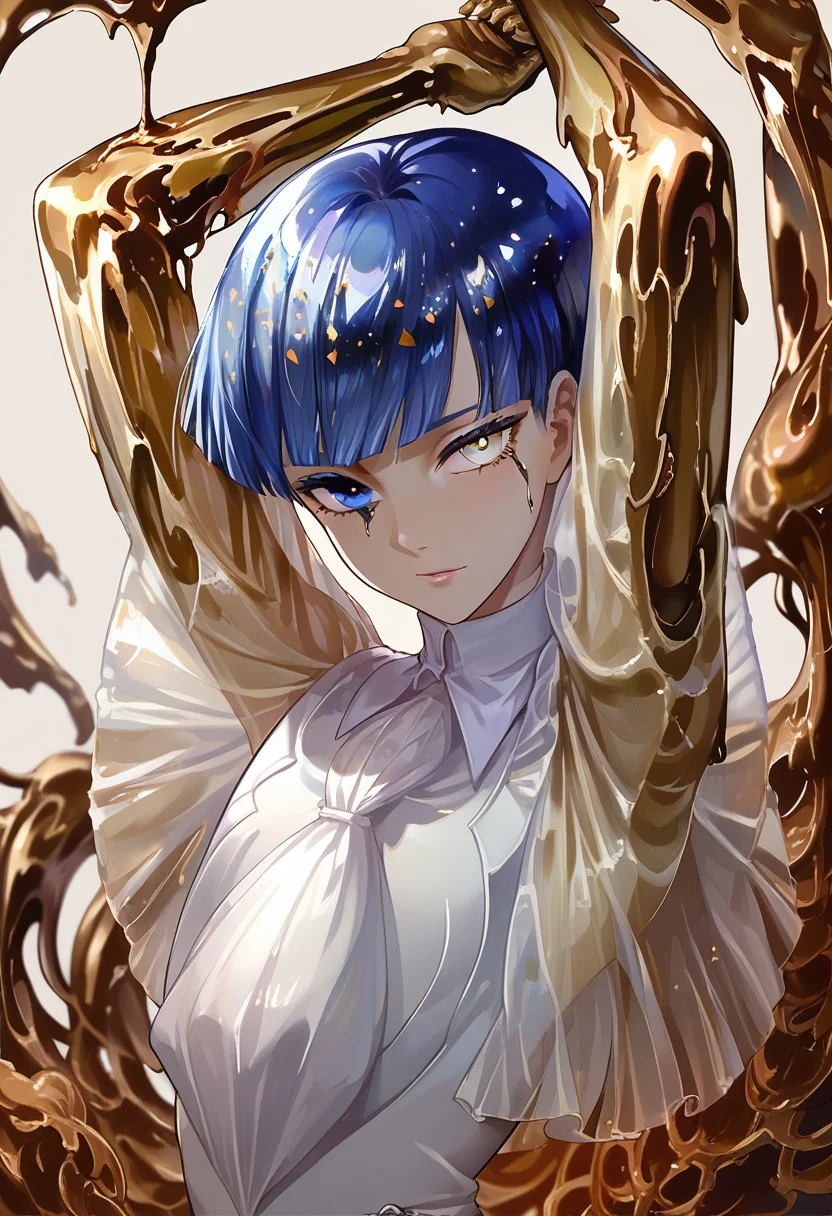 score_9, score_8_up, score_7_up, PhosllXL,androgynous, heterochromia, white eye, blue eye, blue hair, crystal hair, short hair, blunt bangs,golden arms melting, golden arms,hands above head, see-through sleeves, white bodysuit, <lora:PhosllXL-000010:1.0>