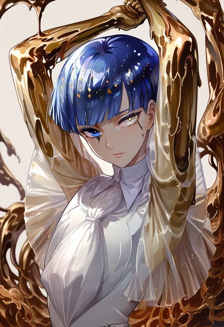 score_9, score_8_up, score_7_up, PhosllXL,androgynous, heterochromia, white eye, blue eye, blue hair, crystal hair, short hair, blunt bangs,golden arms melting, golden arms,hands above head, see-through sleeves, white bodysuit,   <lora:PhosllXL-000010:1.0>