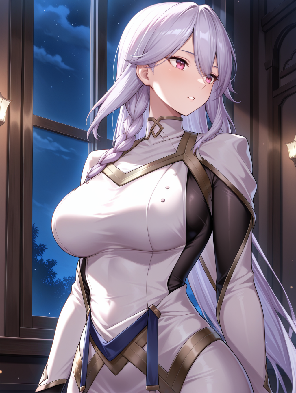 dogmatika fleurdelis, 1girl, solo, white dress, large breasts, indoors, cowboy shot, parted lips, standing, white capelet, black bodystocking, looking to the side,window, night, light
masterpiece,best quality,amazing quality,very aesthetic,absurdres,newest,<lora:Dogmatika Fleurdelis & Ecclesia the Virtuous illuXL v1:0.75>,