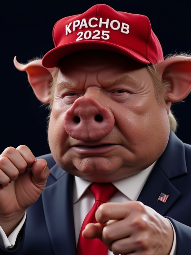w1z_an1m4, candid documentary photograph of a massive hog dressed as **POTUS**, speaking at the Republican National Convention. The pig president is wearing a red cap that reads "KPACHOB 2025" in embroided letters. The skin details on his moist pig snout highlights the leathery skin texture. Gesticulating wildly with his comically small hands, with short and fat fingers
