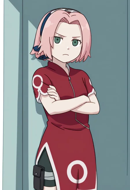 Score_9_up, score_8_up, score_7_up, source_anime, Expressiveh, perfect eyes, 1girl, solo, 1girl, haruno sakura, pink hair, short hair, green eyes, slim body,Small breasts,red shirt, red qipao, black short sleeves, bike shorts,
arms crossed