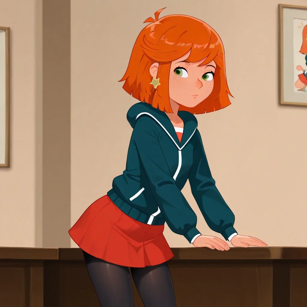 best quality,1girl, LillyO, orange hair, green eyes, star earring, default outfit, red skirt, jacket, black pantyhose