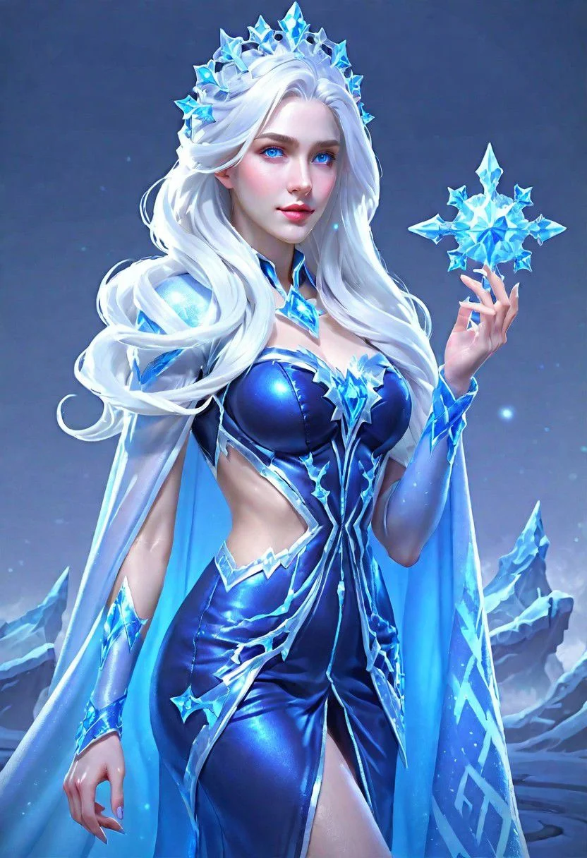 Hyper realistic portrait, Masterpiece, ultra Hd, trending on art station, cinematic lights, Aurora mobile legends( Long flowing white hair, blue eyes, blue iced rhombus shaped ornaments cape, cropped side waist, iced ornaments, blue ice crown, blue iced high eels, ice castle as background, dynamic pose hand above, chill, blue iced classy dress, detailed dress, detailed ice, detailed face, detailed fingers, detailed hair, detailed iced ornaments, OverallDetail, extremely detailed, Aurora mobile legends, SK_CINEMATIC, By bad artist