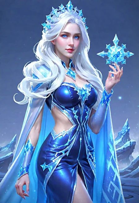 Hyper realistic portrait, Masterpiece, ultra Hd, trending on art station, cinematic lights, Aurora mobile legends( Long flowing white hair, blue eyes, blue iced rhombus shaped ornaments cape, cropped side waist, iced ornaments, blue ice crown, blue iced high eels, ice castle as background, dynamic pose hand above, chill, blue iced classy dress, detailed dress, detailed ice, detailed face, detailed fingers, detailed hair, detailed iced ornaments, OverallDetail, extremely detailed, Aurora mobile legends, SK_CINEMATIC, By bad artist