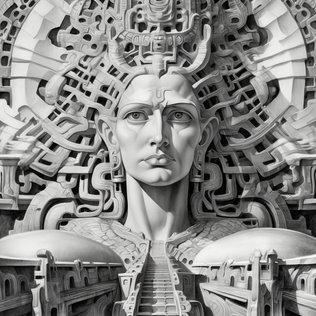 szukalski  face of the goddess, temple in the background, pencil drawing, black and white<lora:szukalski:1>