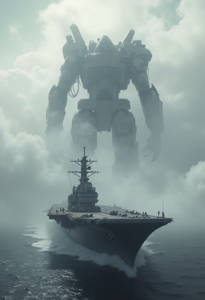 Cloud-drenched skies, reminiscent of 1950s nostalgia, serve as the dramatic backdrop for a historic Japanese aircraft carrier. The monochromatic palette adds a sense of timelessness to this iconic vessel. Suddenly, a behemoth emerges from the fog-shrouded horizon - a colossal mecha robot, born from the fusion of Gundam Wing's technological prowess and Evangelion Unit 00's imposing presence. Its imposing figure casts a long shadow across the aircraft carrier's deck, as if announcing its arrival.