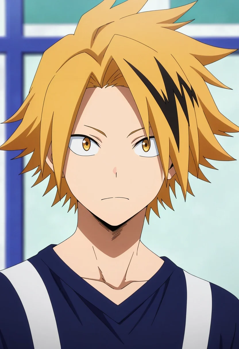 masterpiece, best quality, , anime screencap, , , looking at viewer, depth of field, 1boy, solo, male focus, <lora:denki_kaminari_ilxl:0.96>, denki_kaminari, blonde hair, yellow eyes, short hair, spiked hair, multicolored hair, two-tone hair, black hair, streaked hair, , crewneck,