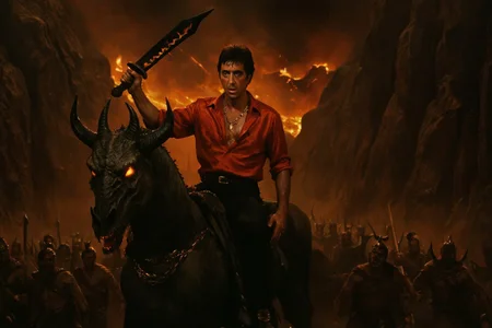 cinematic fantasy war still, tony montana wearing an open red silk shirt, gold chains, and black slacks from 1980s miami, sitting atop a horned demonic stallion with serpent eyes and armor of scorched bone, wielding a cursed obsidian machete lit with glowing runes, leading an army of fallen warriors through a canyon of screaming stone faces, overhead wide-angle shot, hellish dusk sky raining molten ash, mood of commanding infernal power, dramatic chiaroscuro lighting, rich palette of scarlet, molten orange, and shadowy bronze, inspired by scarface meets mordor with operatic framing and mythic intensity





































