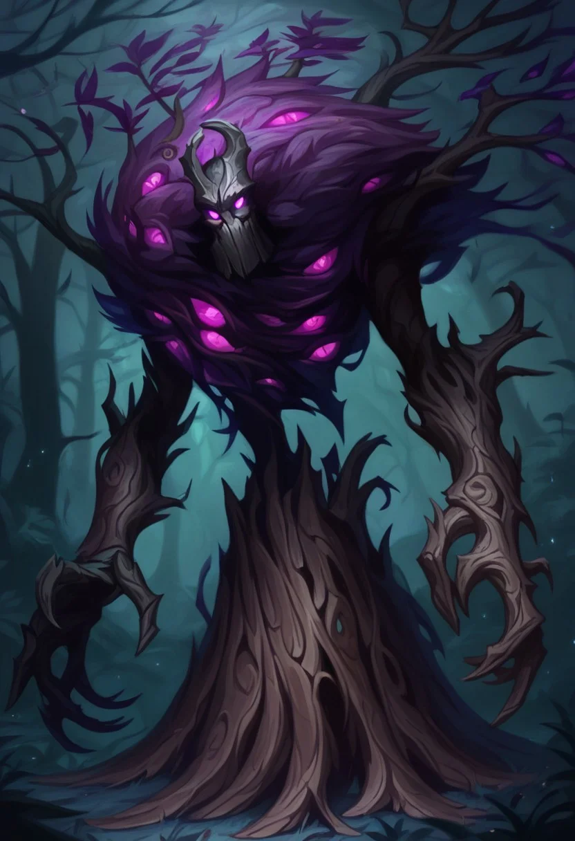 score_9, score_8_up, score_7_up,  1boy, solo, gigantic, noseless, mouthless, Ent, living tree, wood texture, colored bark, colored foliage, black wood, no leaves, tall, thin, menacing, purple eyes, glowing eyes, elongated limbs, forest, dark, night, no light, Overgorwnwitheyes, eldrichhorrorextraeyes, extra eyes, eldrich horror, eldrich, nightmare background, full body,
