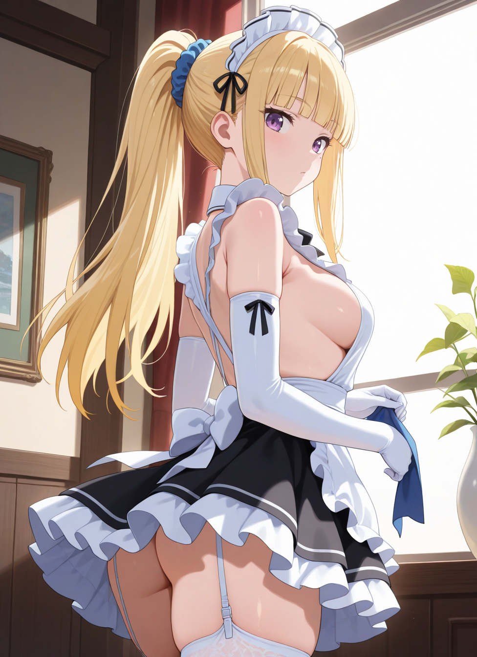 1girl, long hair, bangs, blunt bangs, purple eyes, blonde hair, hair ornament, ponytail, scrunchie, blue scrunchie, medium breasts, white headdress, maid apron, white gloves, elbow gloves, garter straps, white thighhighs, mole under eye, white microskirt, white thighhighs,, upper body, from side, sideboob, looking at viewer, ass,, <BREAK> , masterpiece, amazing quality, best quality, ultra-detailed, 8K, illustration, CG, anime coloring, <segment:Anzhc Face seg 768MS v2 y8n.pt,0.4,1//cid=11>,