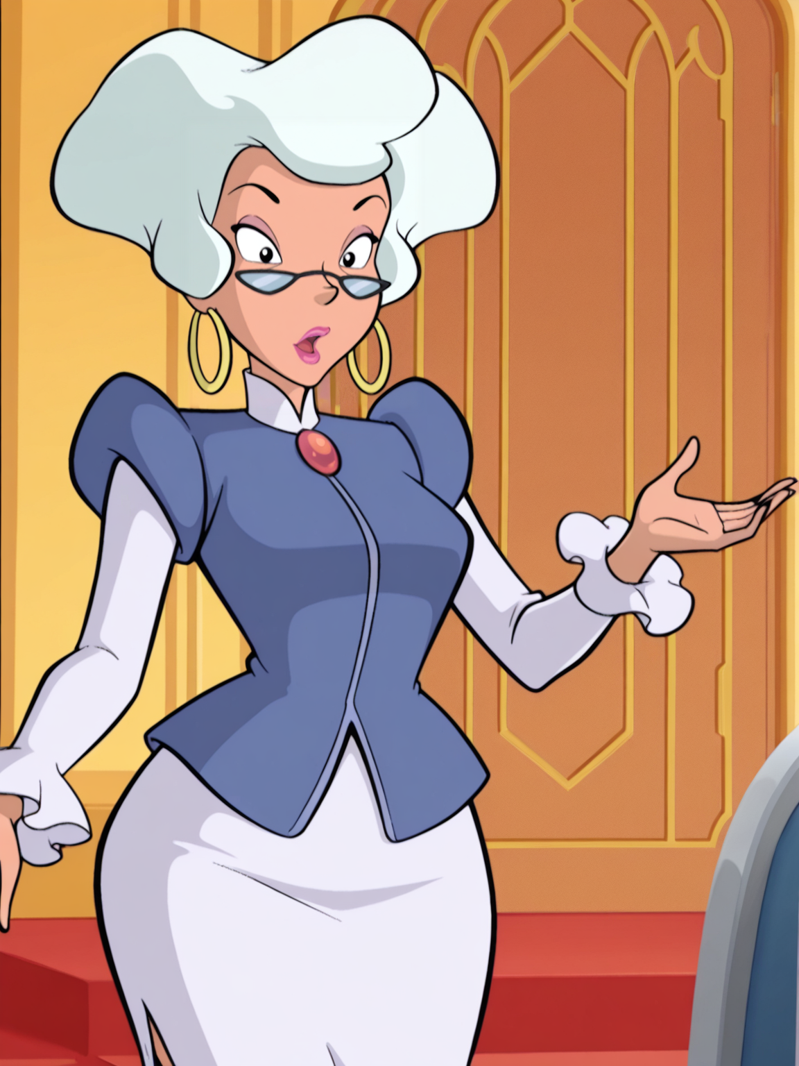 <lora:DirectorIL:0.7> d_r, 1girl, old, black eyes, grey big hair, short hair, round earrings, glasses lowered nose, pink lips,
blue jacket with gem and puffy shoulders, white sleeves, white pencil skirt, shoes,