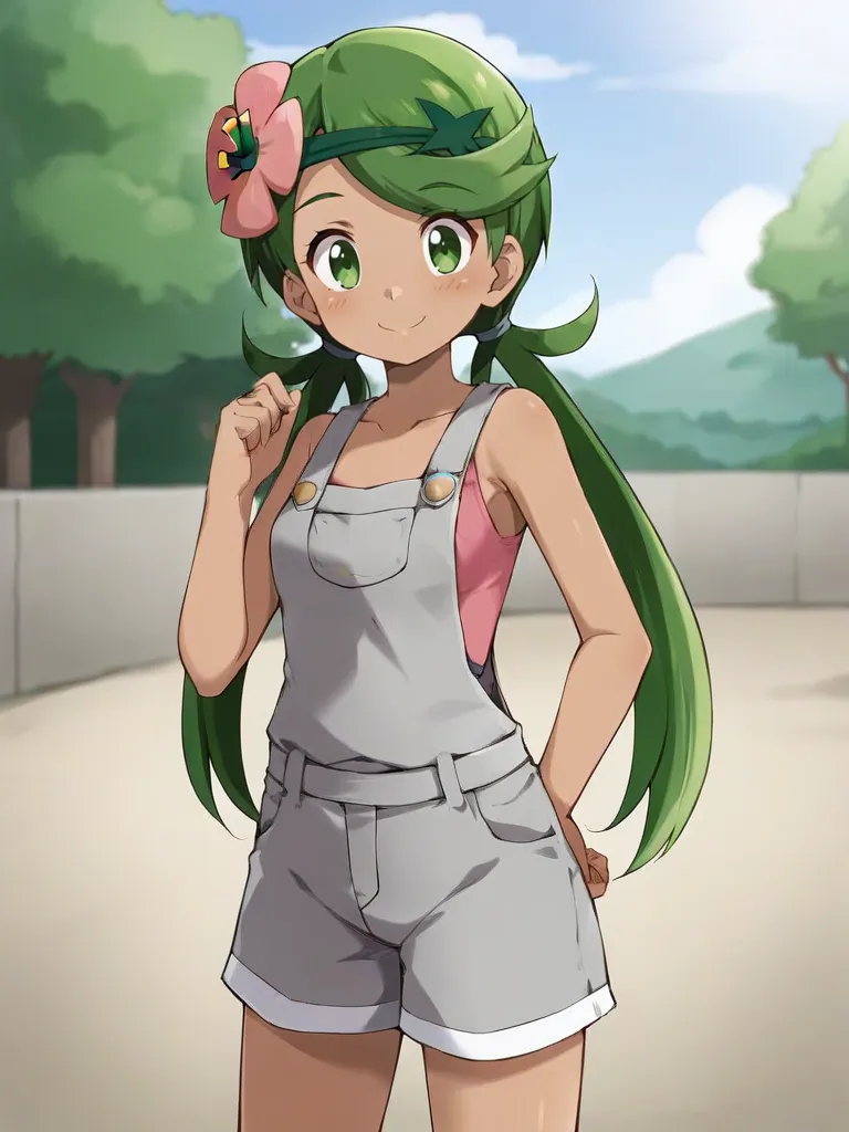 <lora:mallmaowtsukishiro:0.7>
1girl, solo, maollow, dark skin, green hair, low twintails, hair ornament, hair flower, green eyes, pink shirt, grey overalls, gray shorts, standing, outdoors, smile