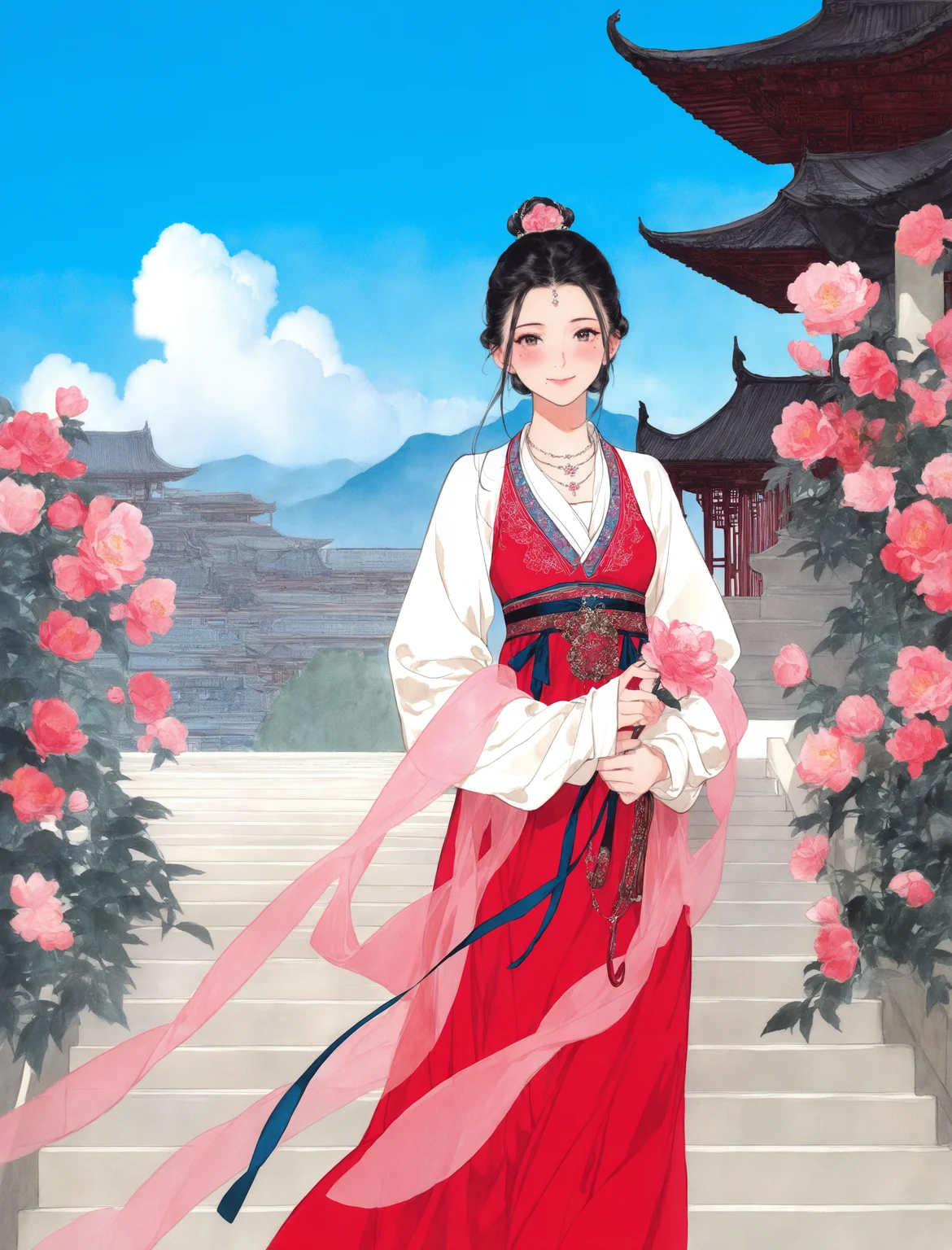 1girl, solo, looking at viewer, blush, smile, black hair, long sleeves, dress, holding, closed mouth, jewelry, standing, flower, outdoors, sky, day, cloud, necklace, hair bun, mole, blue sky, chinese clothes, pink flower, shawl, stairs, architecture, east asian architecture, hanfu, lattice, traditional media
masterpiece, absurdres,
<lora:freehandink_V1:1>