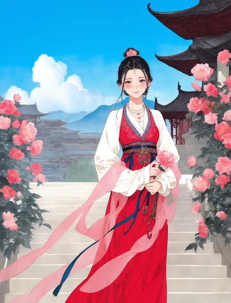 1girl, solo, looking at viewer, blush, smile, black hair, long sleeves, dress, holding, closed mouth, jewelry, standing, flower, outdoors, sky, day, cloud, necklace, hair bun, mole, blue sky, chinese clothes, pink flower, shawl, stairs, architecture, east asian architecture, hanfu, lattice, traditional media
masterpiece, absurdres,
<lora:freehandink_V1:1>