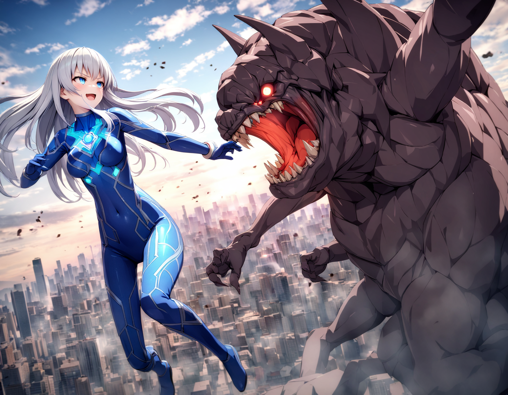 ultragirl, (giantess), (jumping :1), full body, fighting stance, (doyagao, evil smile :1.0), (a blue gem on chest :1), (red :0.8) (blue :0.0) silver intricate bodysuit, geometric pattern on bodysuit, long hair, 
girl confronting monster, monster roaring, girl looking at monster,
horrific monster attacking girl, battle against monster, monster looking at girl, 
BREAK
all intricate, extremely detailed 3d cg wallpaper, masterpiece, best quality, very aesthetic, absurdres, dynamic, detailed background, detailed face, cityscape, (face-to-face), 
<lora:SDXL_Ultragirl1-4-red-lion:0.7>