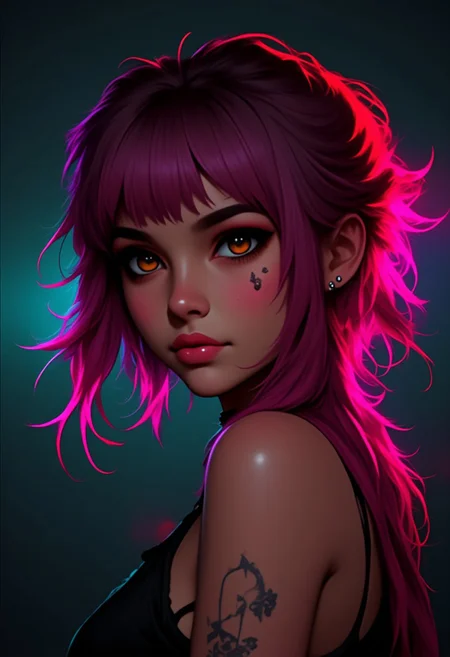 1girl, portrait, closeup, realistic, beautiful detailed face, detailed eyes, beautiful detailed lips, glossy skin, glossy lips, pale skin, smoky eyes, emo girl, tattoos, tank top, cinematic lighting, moody colors, dramatic atmosphere, hyper-realistic, intricate details, masterpiece, photorealistic, detailmaximizer, ffdac