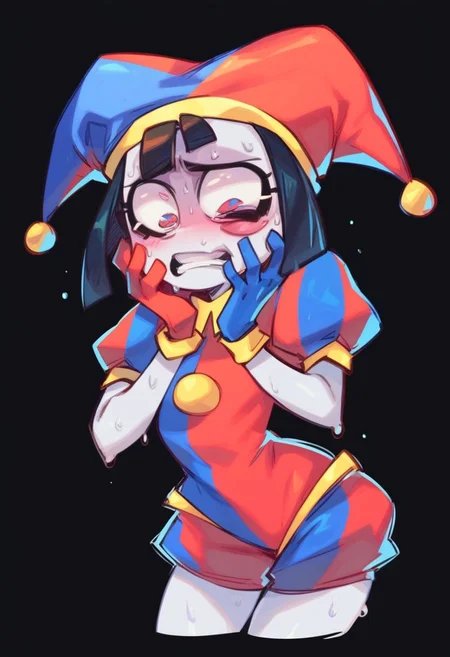 score_9, score_8_up, score_7_up, solo, 1girl, pomni, colored skin, sweat, scared, teeth, hands on own cheeks, holding own face, jester cap, striped clothes, puffy short sleeves, mismatched gloves, puffy shorts, black background, Gerph_style