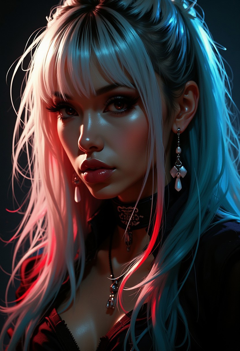 photorealistic portrait of stunning oriental goth woman, long multicoloured hair, platinum with blue and red, bangs, lips parted, seductive, sultry, lustful, choker, long earrings, sexy blouse, silhouetted, light hitting one side of face, the other side in darkness