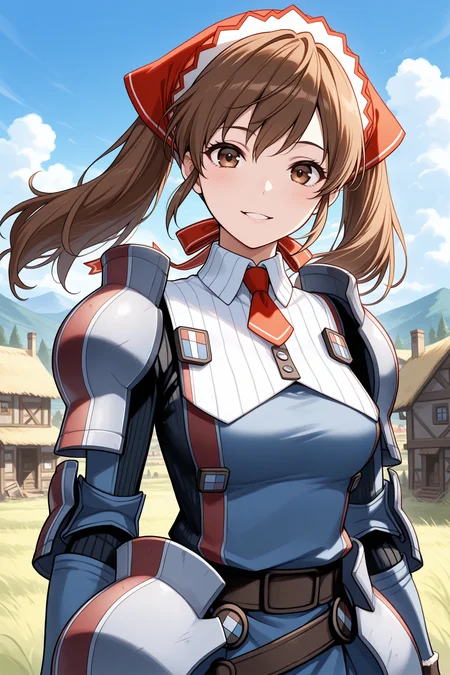 masterpiece, best quality, 1girl, solo, <lora:vcalicia-illu-nvwls-v1-000006:1> vcalc, twintails, brown hair, long hair, brown eyes, red headscarf, blue armor, striped armor, shoulder armor, collared shirt, ribbed shirt, red necktie, short necktie, brown gloves, blue skirt, upper body, looking at viewer, smile, parted lips, blue sky, clouds, village, trees