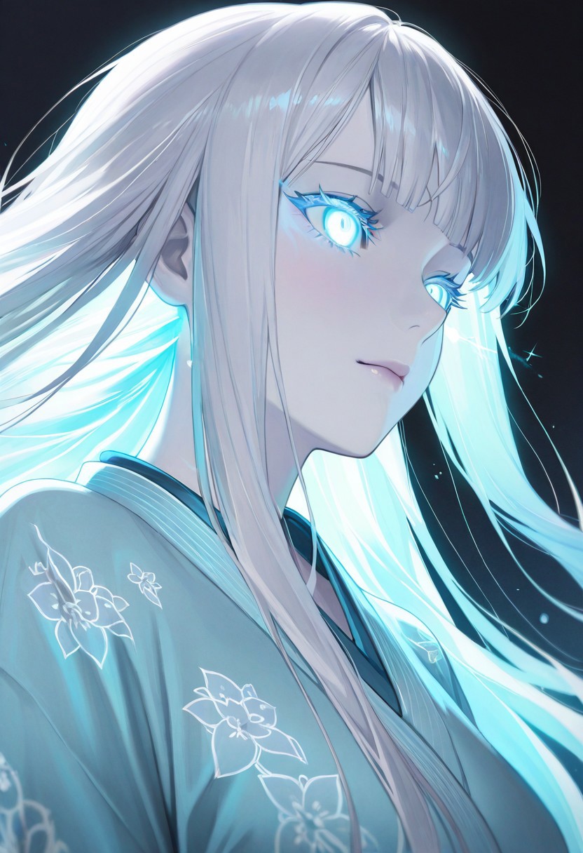 masterpiece, best quality, highly detailed, anime, 1girl, solo, close-up, serene anime girl with pale white skin,  colored skin, (white skin:1.3), very long hair, long hair, long glossy white hair with bangs, glowing blue eyes with a hypnotic sparkle, soft cinematic warm lighting casting gentle shadows, wearing a light blue kimono with subtle floral patterns, mysterious and cozy atmosphere, detailed hair texture with sharp lines, vibrant colors, dark background, highres, focus on glowing eyes, intricate details, --ar 9:16, --v 5, --q 2, negative prompt: low quality, blurry, distorted, extra limbs