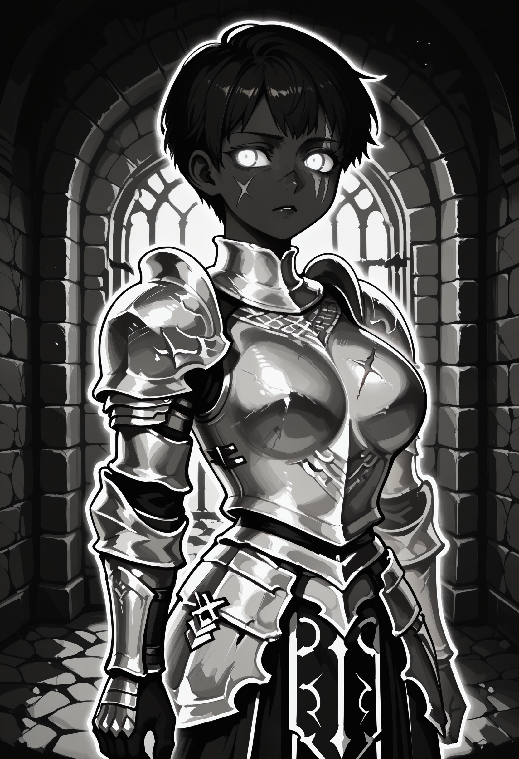 1girl, solo, DARCEIL,1girl,short hair,large breasts, armor,grey eyes,scar,shoulder armor,gauntlets,scar on face,pauldrons,breastplate,faulds,plate armor,boobplate,
dungeon, turning head, stone wall,
BHDR, white eyes, glowing eyes, outline, monochrome, greyscale, black skin, best quality, very aesthetic, masterpiece,