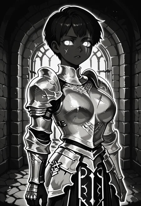 1girl, solo, DARCEIL,1girl,short hair,large breasts, armor,grey eyes,scar,shoulder armor,gauntlets,scar on face,pauldrons,breastplate,faulds,plate armor,boobplate,
dungeon, turning head, stone wall,
BHDR, white eyes, glowing eyes, outline, monochrome, greyscale, black skin, best quality, very aesthetic, masterpiece,