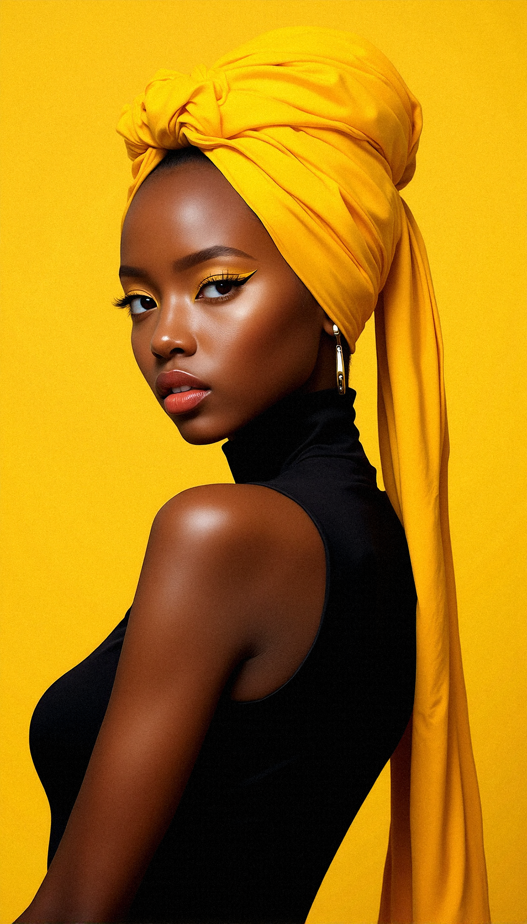a highly detailed, lifelike portrait of a woman standing against a monochrome yellow backdrop. She has a beautifully rich skin tone that radiates warmth, complemented by the bright yellow headwrap elegantly tied around her head with tails flowing over her shoulders. The headwrap should have a soft texture, with delicate creases and folds, catching light in a way that highlights its vibrant color and smooth fabric. Her eye makeup consists of bold yellow eyeshadow that matches her headwrap, drawing attention to her gaze, which is calm and introspective. Her lips are a deep coral, providing a subtle contrast. She wears a minimalist gold hoop earring, gleaming softly and adding a touch of refinement. Her attire is a fitted black high-neck top that contrasts sharply with the yellow, making her appearance both modern and timeless. The lighting should be soft and diffused, giving her skin a smooth, photorealistic glow, while capturing the fine details of her makeup and the textures of her clothing and headwrap. The overall composition should evoke strength, elegance, and a sense of quiet confidence.




