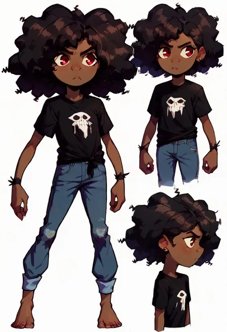score_9, score_8_up, score_7_up, 1girl, solo, cartoon,
easynegative, conceptart, multiple views, full body, profile pictures, white background, simple background, , simple background,
brown skin, red eyes, curly black hair, massive afro, short female,cuffed grey jeans, black T-shirt, blue wolf-skin hood, two pieces black fabric tied around wrists,<lora:Wolf_AoW:1>, five fingers, perfect anatomy, flat chest, child