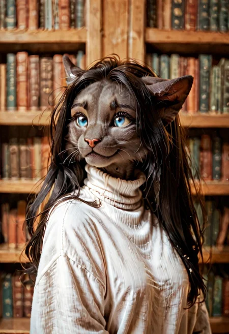 score_9, score_8_up, score_7_up, anthro female cat, ears folded back, Dropped ears, blue eyes, pupils, black long hair, black pony, furry, fluffy gray fur, cat tail, library,turtleneck, furry hands, shy smile, sidetview.