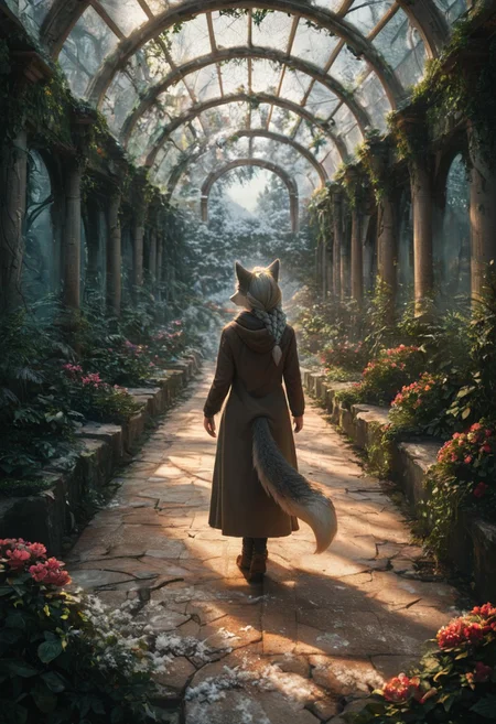 score_9, score_8_up, score_7_up,  fullbody, 1girl, furry, anthro, gray fur, wolf tail, wolf, solo, fullbody, backview, looking arround in wonder, masterpiece, best quality, very aesthetic, close up, gray hair, gray twin braids, green eyes, standing in the ruins of botanic garden with glass ceiling, overgrown, trees, frozen flowers, plants,  broken glas, snow patches ray of light, dark sky, low light, white snow, (postapocalyptic city), d, dark, worried, concerne, ragged winter clothes
