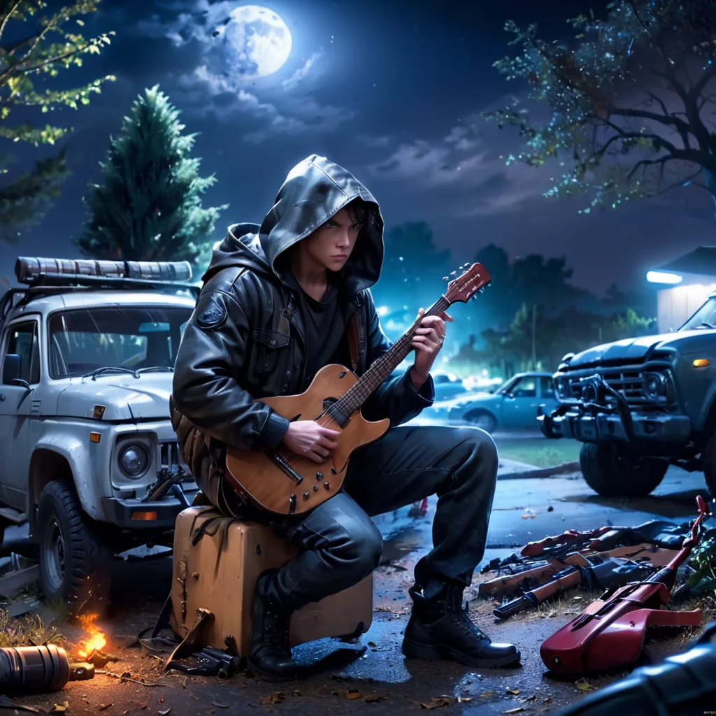 Masterpiece,absurd resolution,8k,high resolution,
StalkerWorld,anomaly,, motor vehicle, ground vehicle, sitting, instrument, 1boy, weapon, hood, gun, night, tree, car, male focus, guitar
,<lora:stalker_XL:0.6>