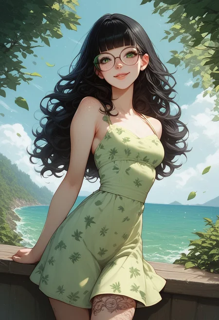 score_9, score_8_up, score_7_up, score_6_up, score_5_up, score_4_up, 1girl, Claudia, ClaudiaRH, long  black hair, wavy hair, blunt bangs, green eyes, big squared eyeglasses, small breasts, slim, big leg tattoo, pale skin, freckles, posing , portrait, cowboy shot, wearing cute green sundress, leaves pattern dress, sunny, outdoor, sea landscape, trees, cute smile, closed lips