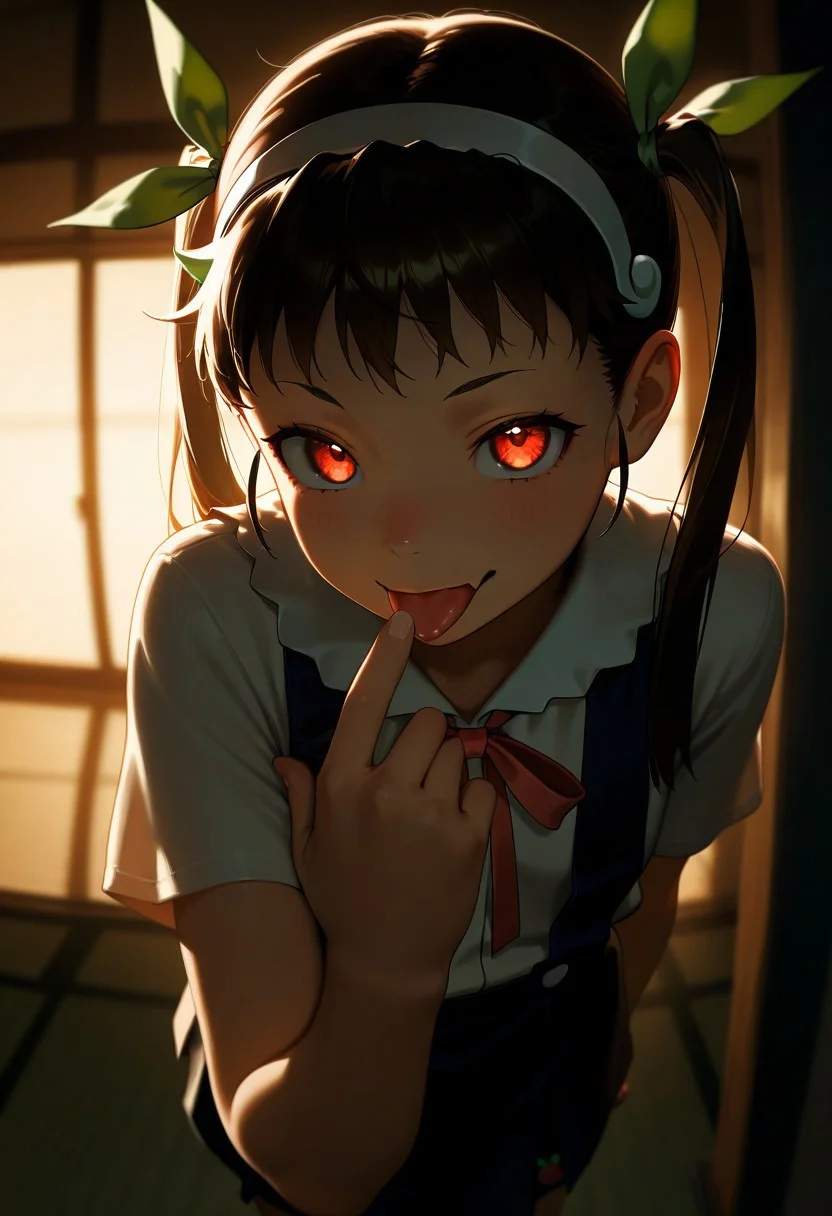HDR, 8K, high contrast, masterpiece, best quality, amazing quality, very aesthetic, high resolution, ultra-detailed, absurdres, 1girl, hachikuji mayoi, teasing, tongue out, skin fang, smile, high angle, perspective, dark, photorealistic, volumetric lighting, dramatic shadows, cinematic lighting, detailed background,