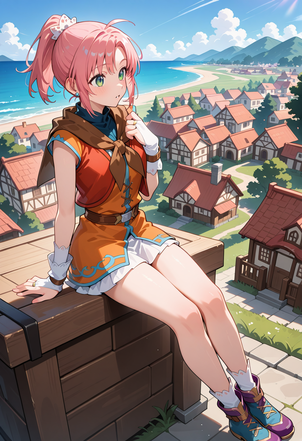 masterpiece, best quality, very aesthetic, absurdres, 1girl, solo,
<lora:loh5_una_v01:0.9>, loh5_una, pink hair, short hair, ponytail, green eyes,
hair ornament, earrings, brown neckerchief, red vest, blue shirt, orange short dress, bridal gauntlets, belt, white miniskirt, white socks, multicolored footwear, blue footwear, (purple footwear:0.9), parted lips, posing, very wide shot, outdoors, village, sea