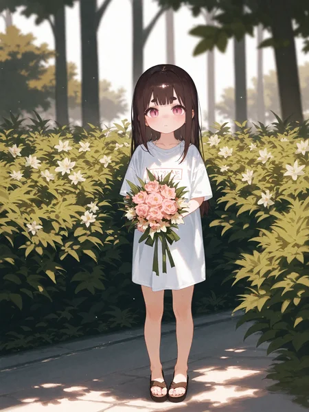 (score_9,score_8_up,score_7_up),
((1child girl)),mesugaki,fair_skin,hime cut,brown hair,thick eyebrows,gradient eyes,pink eyes,slit_pupils,expressive_clothes,
thick_thighs,depth of field,from front,front view,wide_shot,standing,blush,shy,looking at viewer,oversized t-shirt,sandals,hand viewer the bouquet,holding_bouquet,in a park,