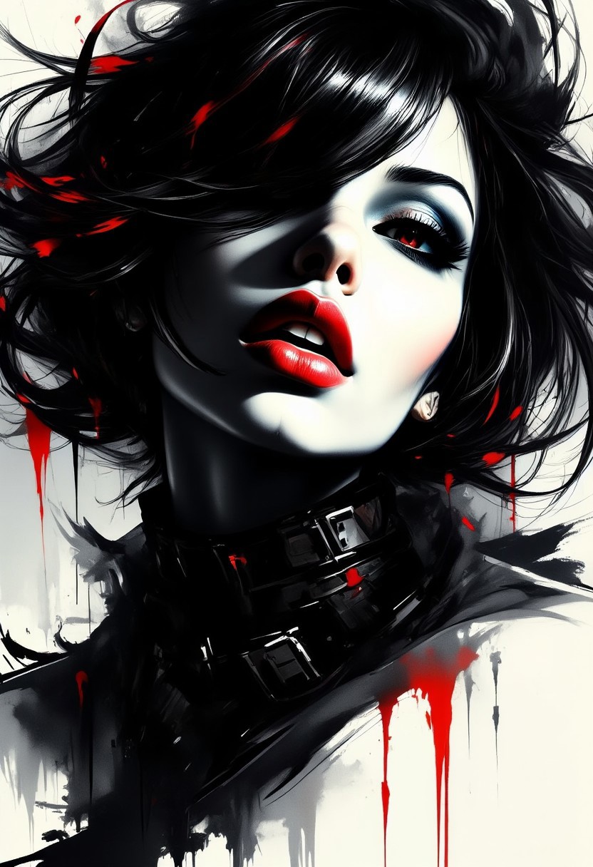Silhouette Art, magnificent, dark background, inksplash portrait of stunning oriental woman, long shaggy hair, seductive, sultry, red lips, direct gaze, light hitting one side of face, gradient colour background